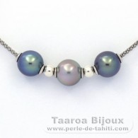 Collier en Argent et 3 Perles de Tahiti Rondes C+ de 10.2  10.4 mm