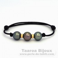 Bracelet en Coton Wax et 3 Perles de Tahiti Rondes C de 10.3  10.5 mm