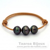 Bracelet en Cuir et 3 Perles de Tahiti Cercles C de 12.5  13.5 mm