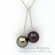 Collier en Argent et 2 Perles de Tahiti Rondes C+ 9.6 et 9.7 mm