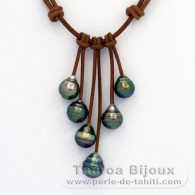 Collier en Cuir et 6 Perles de Tahiti Cercles C de 9.9  10.4 mm