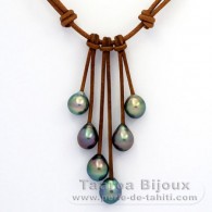 Collier en Cuir et 6 Perles de Tahiti Semi-Baroques C de 9.6  9.9 mm