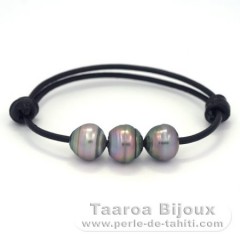 Bracelet en Cuir et 3 Perles de Tahiti Cercles C 11.5  11.8 mm