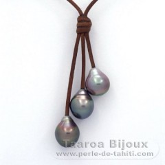Collier en Cuir et 3 Perles de Tahiti Semi-Baroques B  10.1  10.3 mm