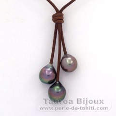 Collier en Cuir et 3 Perles de Tahiti Semi-Baroques B  9.7  10.2 mm