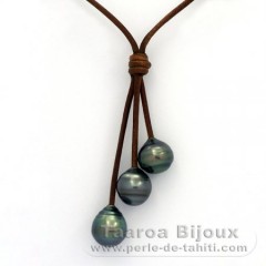 Collier en Cuir et 3 Perles de Tahiti Cercles C  10  10.2 mm