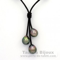 Collier en Cuir et 3 Perles de Tahiti Semi-Baroques B  9  9.3 mm