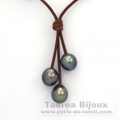 Collier en Cuir et 3 Perles de Tahiti Semi-Baroques C  9.7  9.8 mm