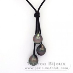 Collier en Cuir et 3 Perles de Tahiti Semi-Baroques B  10  10.2 mm