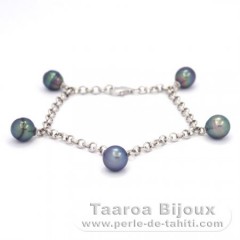 Bracelet en Argent et 5 Perles de Tahiti Cercles B+  7.8  8.4 mm