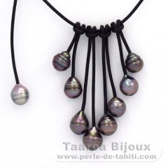Collier en Cuir et 9 Perles de Tahiti Cercles B  9  9.9 mm