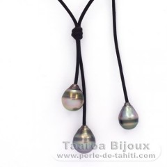 Collier en Cuir et 3 Perles de Tahiti Cercles C 9  10.4 mm
