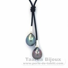 Collier en Cuir et 2 Perles de Tahiti Cercles C 10.8 et 11 mm