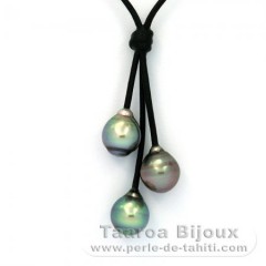 Collier en Cuir et 3 Perles de Tahiti Cercles B  9.5  9.8 mm