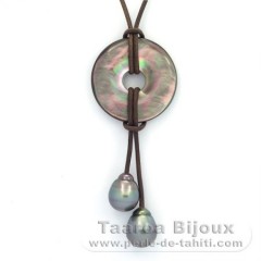 Collier en Cuir et 2 Perles de Tahiti Cercles C  10.8 et 10.9 mm