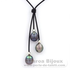 Collier en Cuir et 3 Perles de Tahiti Cercles C 10.7  10.8 mm