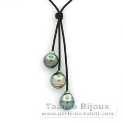 Collier en Cuir et 3 Perles de Tahiti Cercles B/C 11.3  11.8 mm
