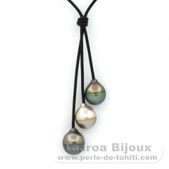 Collier en Cuir et 3 Perles de Tahiti Cercles C de 11.5  11.9 mm