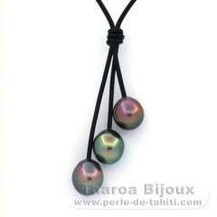 Collier en Cuir et 3 Perles de Tahiti Semi-Baroques B/C de 10.1  10.3 mm