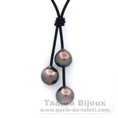 Collier en Cuir et 3 Perles de Tahiti Semi-Baroques B/C de 10  10.4 mm