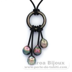 Collier en Cuir et 4 Perles de Tahiti Cercles B/C 8.4  8.9 mm