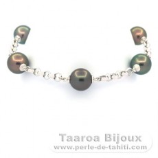 Bracelet en Argent et 5 Perles de Tahiti Rondes C 9.6  9.9 mm