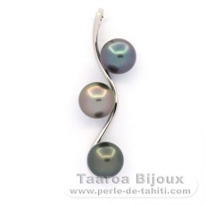 Pendentif en Argent et 3 Perles de Tahiti Rondes C 8.7  8.8 mm