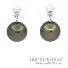 Boucles d'Oreilles en Or blanc 14K et 2 Perles de Tahiti Rondes A & B 9.2 mm