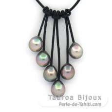 Collier en Cuir et 6 Perles de Tahiti Semi-Baroques B/C de 8.7  8.8 mm