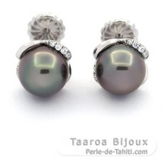 Boucles d'Oreilles en Argent et 2 Perles de Tahiti Semi-Rondes B 8.8 mm