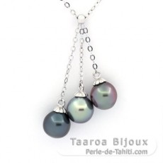 Collier en Argent et 3 Perles de Tahiti Semi-Baroques C 8.6  8.8 mm