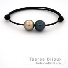 Bracelet en Cuir et 2 Perles de Tahiti Semi-Baroques C 11.6 mm