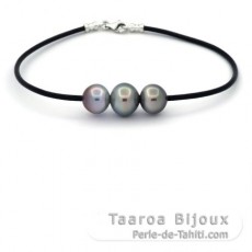 Bracelet en Caoutchouc, Argent et 3 Perles de Tahiti Semi-Baroques B de 9.8  11 mm