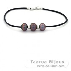 Bracelet en Caoutchouc, Argent et 3 Perles de Tahiti Semi-Baroques B de 9.5  10 mm