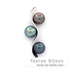 Pendentif en Or blanc 18K et 3 Perles de Tahiti Rondes B+ de 8.7  8.8 mm