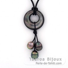 Collier en Cuir et 3 Perles de Tahiti Cercles B de 8.9  9.4 mm