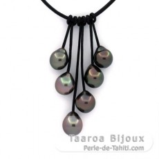 Collier en Cuir et 6 Perles de Tahiti Semi-Baroques B/C de 8.6  9.4 mm