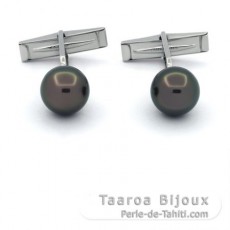 Boutons de manchettes en Argent et 2 Perles de Tahiti Rondes C 10.5 mm