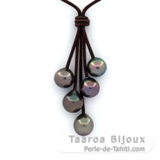 Collier en Cuir et 5 Perles de Tahiti Semi-Baroques B/C de 10  10.3 mm