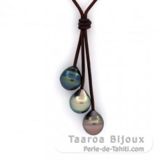 Collier en Cuir et 3 Perles de Tahiti Cercles C de 11.2 mm