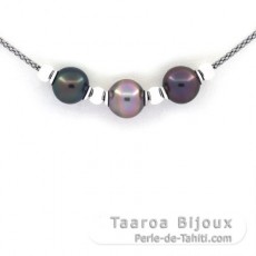 Collier en Argent et 3 Perles de Tahiti Semi-Baroques B/C de 10.1  10.6 mm
