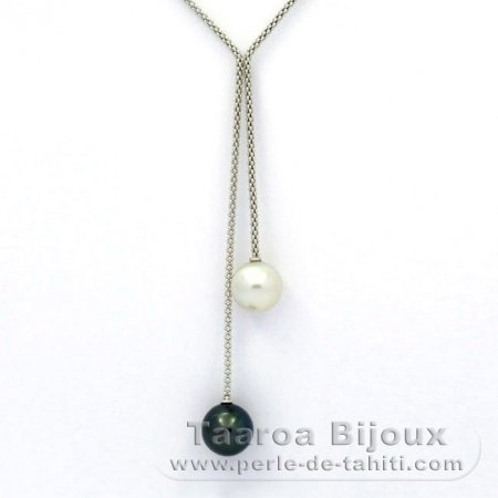 Collier en Argent et 2 Perles de Tahiti Rondes C 11.2 et 11.5 mm