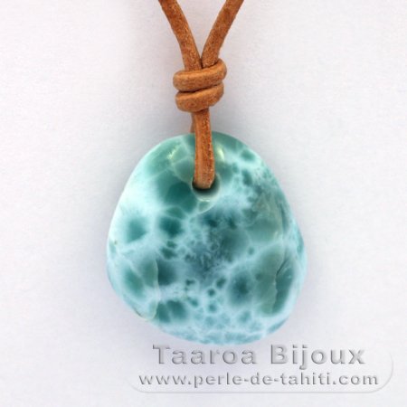 Collier en Cuir et 1 Larimar - 23.1 x 20 x 8.2 mm - 5.7 gr