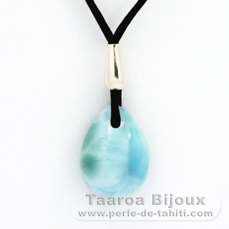 Collier en Coton cir + Argent et 1 Larimar - 16 x 12 x 6.5 mm - 2.2 gr