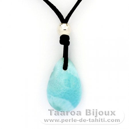 Collier en Coton, Argent et 1 Larimar - 18 x 12 x 6.8 mm - 2.4 gr