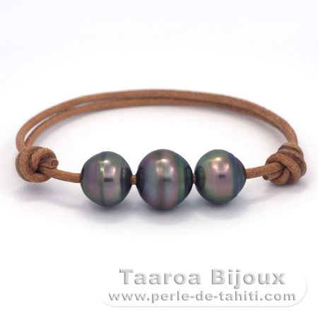 Bracelet en Cuir et 3 Perles de Tahiti Cercles C  12  13.2 mm