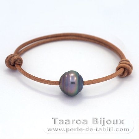 Bracelet en Cuir et 1 Perle de Tahiti Cercle C 13 mm