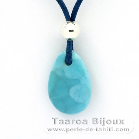 Collier en Coton, Argent et 1 Larimar - 19.5 x 13 x 4.8 mm - 2.1 gr