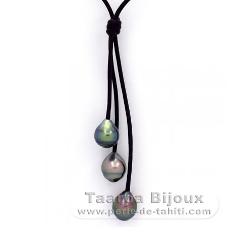 Collier en Cuir et 3 Perles de Tahiti Cercles B  9.5  9.6 mm