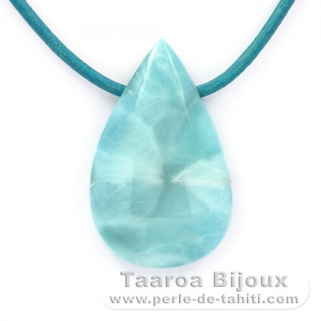 Collier en Cuir, Argent et 1 Larimar - 38 x 23 x 8 mm - 12.5 gr